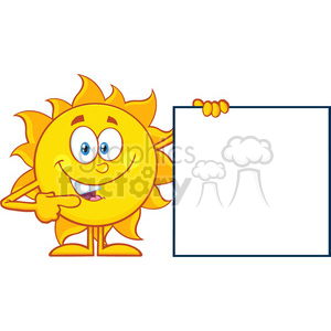 10130 talking sun cartoon mascot character pointing to a blank sign vector illustration isolated on white background