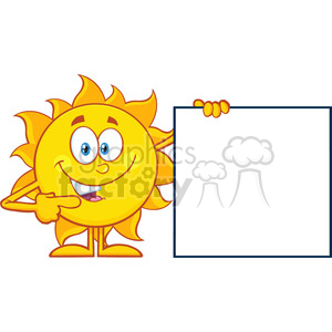 The image shows a cartoon illustration of a smiling sun character standing and holding a blank sign to its side. The sun has a cheerful expression, large eyes, a small smiling mouth, and is pointing to the sign with its other hand.