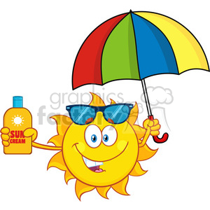 cute sun cartoon mascot character holding a umbrella and bottle of sun block cream vith text vector illustration isolated on white background