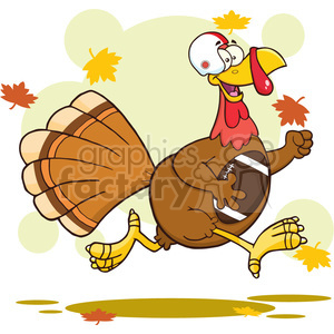 A cartoon turkey wearing a football helmet, running with a football under its wing, surrounded by falling autumn leaves.