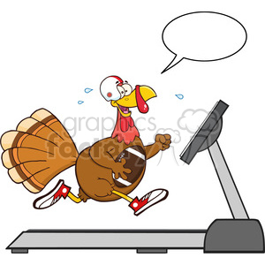 A cartoon turkey wearing a football helmet and sneakers running on a treadmill, holding a football. The turkey appears to be sweating and there is a speech bubble above it.