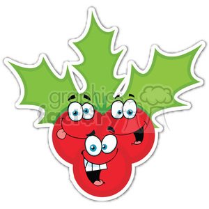 A festive clipart image featuring three smiling holly berries with cartoonish faces and bright green leaves, perfect for Christmas holiday decorations or stickers.