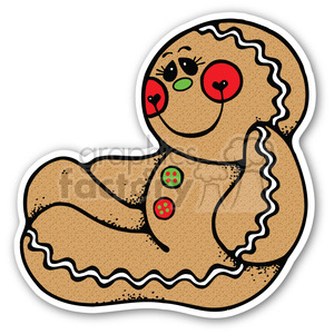 A cute, cartoon-style gingerbread man holiday sticker with colorful red cheeks and buttons.