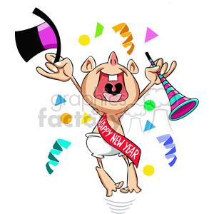 Clipart image of a cheerful New Year's baby celebrating with a hat, party blower, and a sash reading 'Happy New Year' surrounded by colorful confetti.