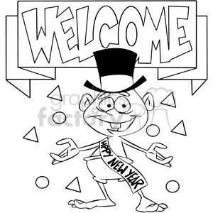 A cartoon depiction of Baby New Year wearing a 'Happy New Year' sash and a top hat, surrounded by festive geometric shapes and a 'Welcome' banner.