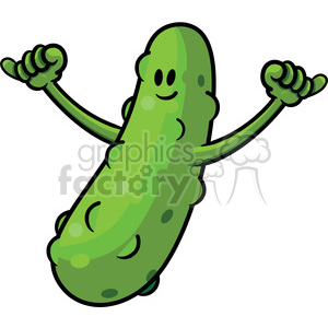 This is a clipart image of a cartoon pickle character with a smiling face and raised arms, giving two thumbs up.
