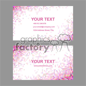 A clipart image of two business cards with a pixelated pink and purple mosaic design. The cards feature placeholder text for a name, phone number, email, physical address, and a web address.