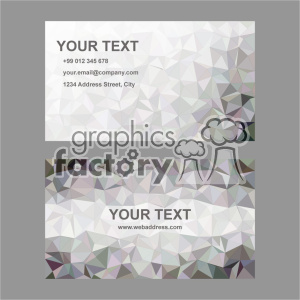 This clipart image features two business card designs with a low-poly geometric background. One card displays contact information such as phone number, email, and address, while the other focuses on a web address. The design employs a mix of muted colors like gray, purple, and green in a polygonal pattern.