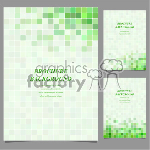 This clipart image contains three designs of brochures or flyers. The primary design features a mosaic pattern made up of various shades of green squares. The text 'BROCHURE BACKGROUND' is displayed prominently in the center. The smaller designs, variations of the primary, include green mosaic patterns at the corners or along the edges.