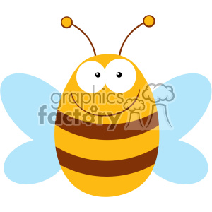 A cute cartoon bee with yellow and brown stripes, blue wings, and a smiling face.