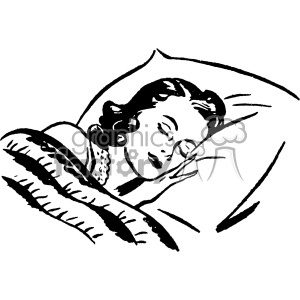 A black and white clipart image of a woman sleeping peacefully on a pillow with a blanket covering her.