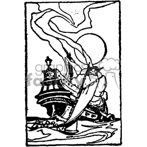 Vintage clipart of a ship and a lighthouse with stylized waves and a large, looming sun or moon in the background.