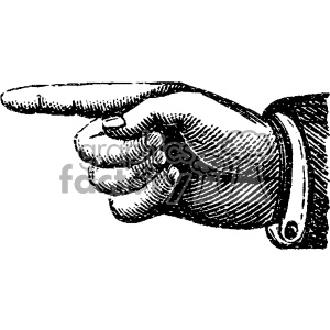 A vintage black and white clipart illustration of a pointing hand with an extended index finger, commonly used as a directional indicator.