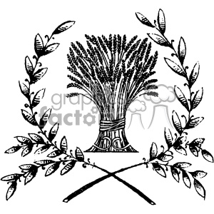 A black and white clipart image of a sheaf of wheat tied at the middle, flanked by two laurel branches crossed at the bottom.