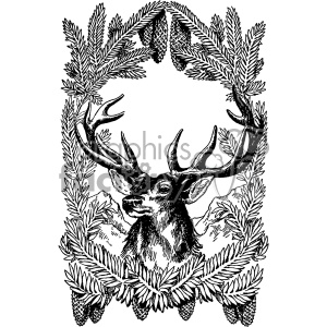 This black and white clipart image features a detailed illustration of a deer with antlers, surrounded by an ornate wreath made of pine branches and pinecones. Mountain peaks are visible in the background.