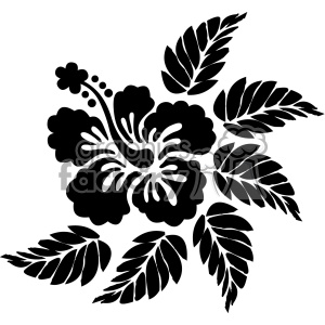 A black and white clipart image of a hibiscus flower with leaves.