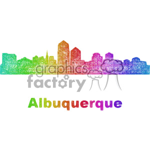 A colorful line art rendition of the Albuquerque city skyline with the word 'Albuquerque' written below it.