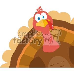 A cheerful cartoon turkey with colorful feathers, often associated with Thanksgiving.