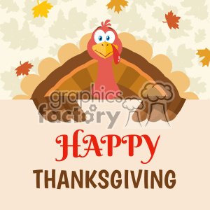 Cartoon turkey with leaves and 'Happy Thanksgiving' text.