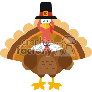 A whimsical Thanksgiving turkey clipart wearing a pilgrim hat and a collar.