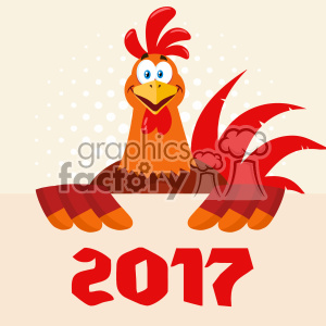 This clipart image features a cartoon rooster with a friendly and funny expression, signifying the animal mascot for the Chinese New Year of 2017, which is the Year of the Rooster according to the Chinese zodiac. The rooster has a bright red comb and wattle, with a predominantly brown body and red tail feathers. It is shown against a beige background with white polka dots. The number “2017” is displayed prominently at the bottom of the image in red.