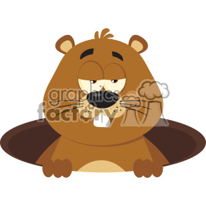 The clipart image depicts a cartoon character of a groundhog. The groundhog appears to be emerging from its burrow with a somewhat grumpy or drowsy expression, possibly indicating its reluctance or disinterest. This could be related to Groundhog Day traditions, where the groundhog's behavior is observed to predict the coming of spring.