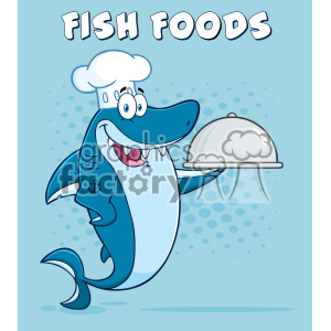   The image is a playful clipart illustration featuring an anthropomorphic shark character. The shark is depicted in a standing position, with a big, friendly smile, wearing a chef
