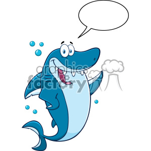The clipart image features a cartoon of a cheerful blue shark with a big smile, standing upright. The shark has prominent white eyes with black pupils, making an amiable expression. Near the shark, there are a few water bubbles, and there's also a blank speech bubble indicating that the shark could be talking or thinking something. The clipart embodies a funny and friendly character, which could be used as a mascot or for engaging in a chat in an entertaining context.