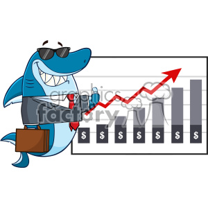   The image features a cartoon shark dressed in business attire with a tie and sunglasses, holding a briefcase and giving a thumbs-up. The shark stands in front of a bar chart that indicates increasing profits, with each bar labeled with a dollar sign. The chart also has a red arrow trending upwards, signifying growth. 