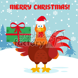 The clipart image features a funny cartoon rooster wearing a Santa hat. The rooster is standing in a snowy landscape with falling snowflakes, and behind it, there are evergreen trees and a green gift box with a red ribbon. Above the rooster, the text MERRY CHRISTMAS! is prominently displayed in a festive font.
