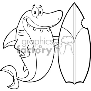 Black And White Smiling Shark Cartoon With Surfboard Vector Vector