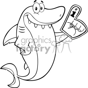   The image features a cartoon-style shark character. This shark is smiling, showing a row of pointed teeth, and has large, friendly eyes. It holds up a foam finger with the number 1 written on it, symbolizing support or being number one in something, a common accessory for fans or mascots at sports games or other competitive events. 