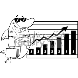 Black And White Smiling Business Shark Cartoon Holding A Thumb Up To A Presentation Board With A Growth Chart Vector Illustration