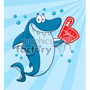   This is a cartoon image featuring a cheerful blue shark character with a large, friendly smile. The shark has big white eyes, giving it an amicable, goofy appearance, and sharp white teeth which are portrayed in a non-threatening way. It holds a foam finger that is typically used by sports fans to show support, with #1 written on it, suggesting the shark is acting as a mascot or showing its support for something. 