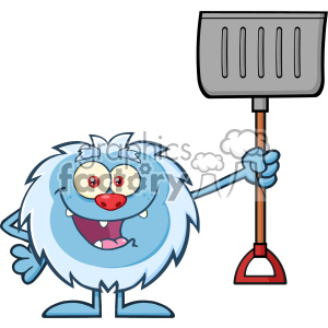 Happy Little Yeti Cartoon Mascot Character Holding Up A Winter Shovel Vector