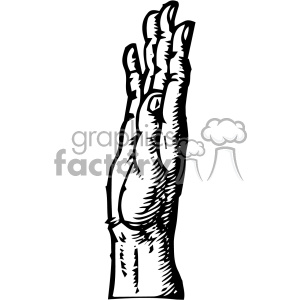A black and white clipart image of a hand with palm closed, featuring a detailed woodcut-style design.