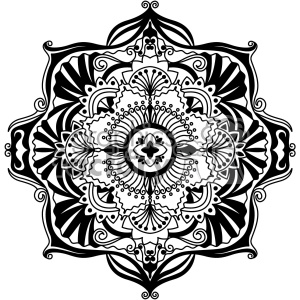 Intricate black and white mandala design with detailed patterns and symmetrical shapes.