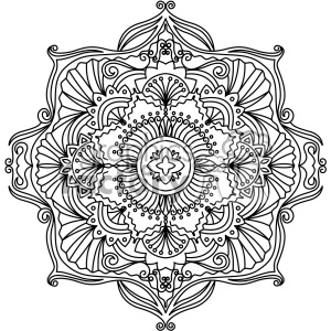 A detailed, symmetrical black and white mandala design with intricate patterns and floral elements.