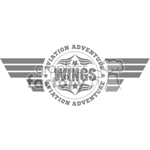 A gray clipart image featuring the text 'WINGS' in the center, surrounded by a circular pattern of stars and lines. The words 'AVIATION ADVENTURE' appear twice around the circle, once at the top and once at the bottom. Wing-like shapes extend from the circle to both the left and right sides.