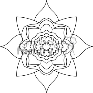 A black and white clipart image featuring a detailed and symmetrical mandala design with multiple layers of petals and intricate patterns.