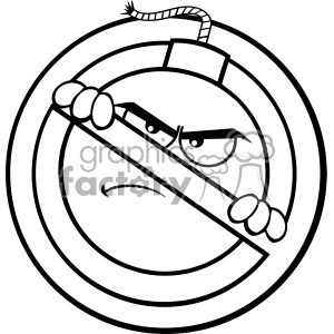 A black and white clipart image of a cartoon bomb with an angry facial expression, partially obscured by a prohibition symbol.