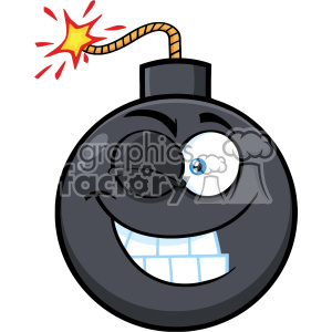 A playful cartoon illustration of a bomb with a smiling face, blue eyes, and a fuse lit with a sparkling flame.