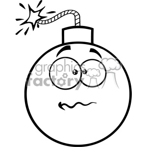 A black and white clipart image of a bomb with a lit fuse and a worried facial expression.
