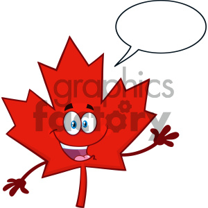 Happy Canadian Red Maple Leaf Cartoon Mascot Character Waving For Greeting With Speech Bubble