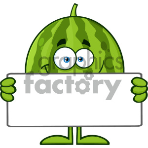   Royalty Free RF Clipart Illustration Smiling Green Watermelon Fruit Cartoon Mascot Character Holding A Blank Sign Vector Illustration Isolated On White Background 