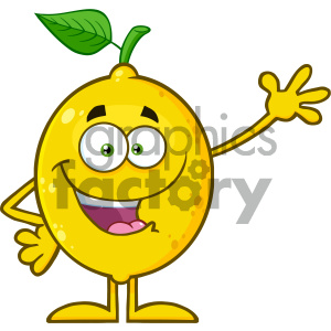 Royalty Free RF Clipart Illustration Happy Yellow Lemon Fresh Fruit With Green Leaf Cartoon Mascot Character Waving For Greeting Vector Illustration Isolated On White Background