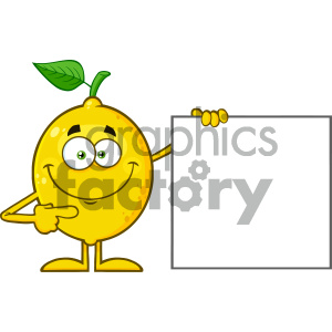 Royalty Free RF Clipart Illustration Smiling Yellow Lemon Fresh Fruit With Green Leaf Cartoon Mascot Character Pointing To A Blank Sign Vector Illustration Isolated On White Background