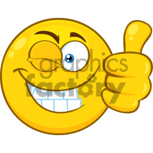 Royalty Free RF Clipart Illustration Smiling Yellow Cartoon Smiley Face Character With Wink Expression Giving A Thumb Up Vector Illustration Isolated On White Background