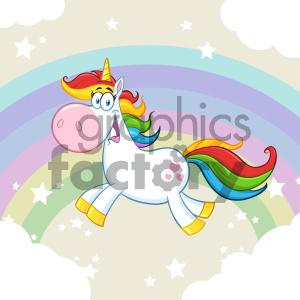 The clipart image shows a cartoon unicorn with a colorful rainbow mane and tail. The unicorn has a yellow horn and hooves, is white with heart-shaped pink cheek spots, and is depicted in a playful pose against a pastel background featuring clouds, stars, and rainbow stripes.