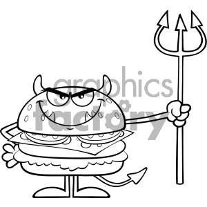 Black And White Angry Devil Burger Cartoon Character Holding A Trident Vector Illustration Isolated On White Background